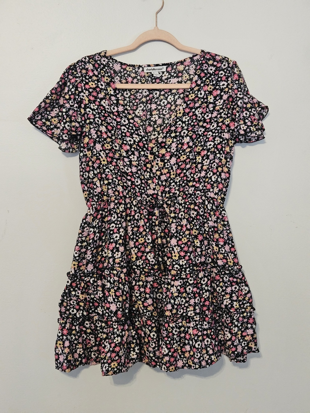 Charlotte Russe Black Floral Mini Dress with Pink and Yellow Flowers
